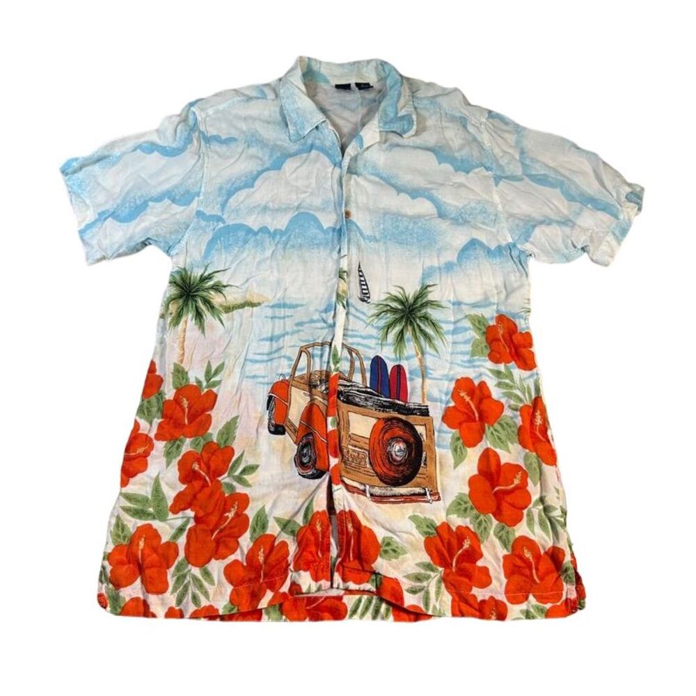 Cherokee Hawaiian Shirt with Classic Car Print and Tropical Hibiscus Pattern